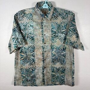 Johari West Shirt Mens XL Blue Green Button Up Hawaiian Aloha Batik Vacation